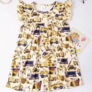 Yellow Construction Vehicle Print Dress